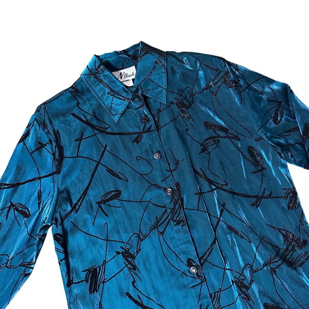 Womens Teal Shirt Iridescent Abstract Blouse NTouch Shoulder Pads Large Buttons